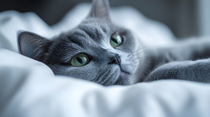 A British Shorthair cat, gray fur, green eyes, lying on white bedding, soft focus, cozy atmosphere, low light, close-up portrait.