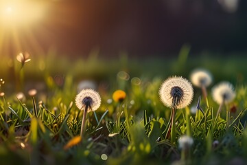 Green summer meadow with dandelions at sunset. Nature background Generative AI