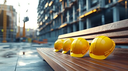several bright yellow construction helmets neatly arranged on a wooden bench, with a modern building under construction in the background