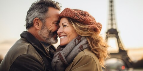 Happy seniors couple on travel holiday in Paris with the Eiffel tower in the background. Generative AI.