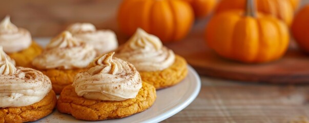 Freshly made pumpkin cookies, covered in a smooth cream cheese frosting and sprinkled with cinnamon