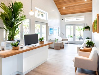 Wall Mural - Modern White Reception Area with Wood Accents.