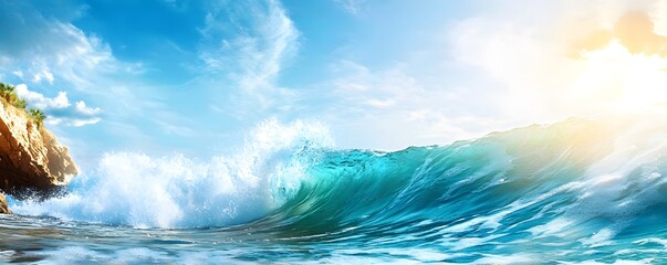 Poster - Turquoise Ocean Wave Crashing on a Sandy Shore.