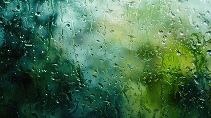 Canvas Print - Raindrops on window with indistinct green natural backdrop