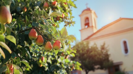 Wall Mural - Pear tree with ripe fruit and vintage medieval old buildings