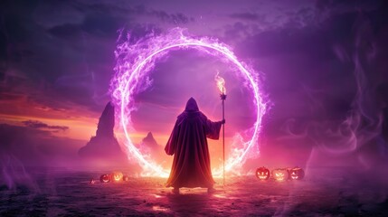 Halloween Magic Portal With Glowing Ring and Figure