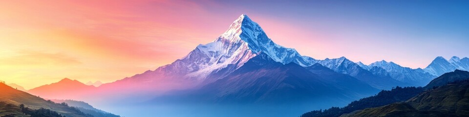 Majestic Himalayan Sunrise: Breathtaking Panorama of Snow-Capped Peaks and Vibrant Sky over Lush Green Hills. AI-Generated 4K Wallpaper for Nature Lovers, Adventure Tourism, and Seasonal Marketing Cam