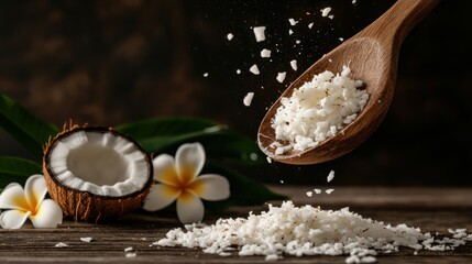 Coconut flakes in wooden spoon closeup view