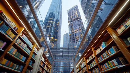 library in a bustling city with skyscrapers towering above