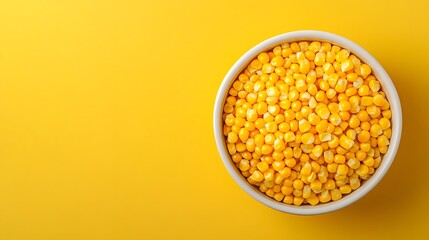 White bowl of corn kernels, bright yellow corn, pale yellow background, left side empty for copy space, overhead view, fresh vegetables, vibrant color, circular composition, clean and minimal.