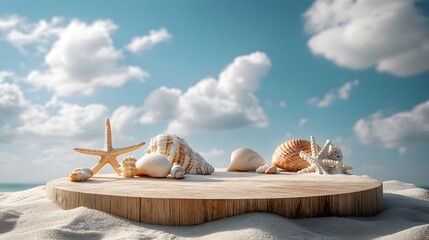 Wooden circular platform, beach sand, seashells, conch, starfish, blue sky with white clouds background, minimalist product display, natural elements, summer concept, coastal theme.