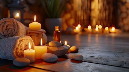 Poster - a spa setting with bottles, candles, and towels 