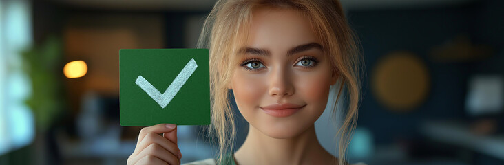 Smiling woman holding a green check mark sign indoors, representing success, approval, and positive feedback in a modern professional environment