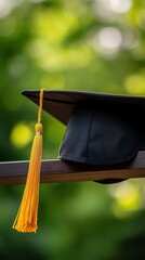 Creative Graduation Cap Design: Symbolic Black Mortar Board with Yellow Tassel Hanging on Wooden Beam in Sunny Park. Abstract AI-Generated 4K Background for Education Concepts, End-of-Year Promotions,