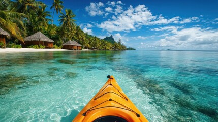 Poster - Kayak boat in tropical sea water with coconut trees Bungalows