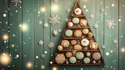 Delightful wooden Christmas tree display filled with festive cookies on a green background surrounded by snowflakes and soft lights