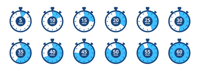 stopwatch timer set, 5-minute clock on white background. set of timers. stopwatch icons. countdown 5