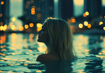 Sticker - a blonde woman in the water, looking at the camera, with beautiful eyes, an urban city background