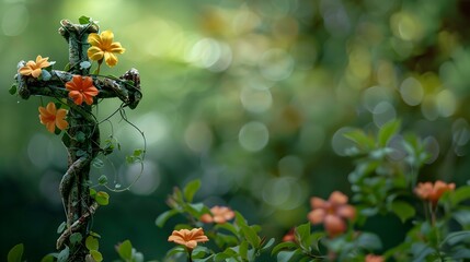 Wall Mural - Vibrant Orange Flowers Blooming in a Lush Green Garden with Bokeh Background