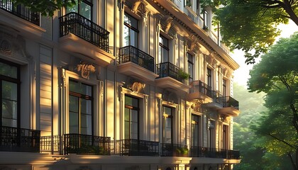 Wall Mural - On the facade of the classical building, the sun shines on the walls, the windows and balconies are beautifully decorated, and the surrounding trees are shaded, creating a tranquil atmosphere.