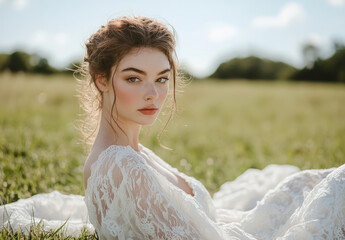 Poster - A beautiful woman in a white lace dress sits on the grass