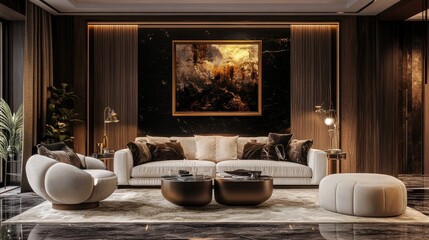 Elegant room with plush luxury furniture and a cozy comfort zone, created with computer graphics and a highly realistic background