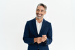 © insta_photos - Happy middle aged business man leader, smiling stylish mature professional executive, confident businessman or fashion model wearing suit looking away standing isolated white background, portrait.