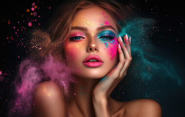 Wall Mural - A beautiful woman with colorful makeup and pink lips is painting her face in vibrant colors on a black background, creating an abstract artwork.