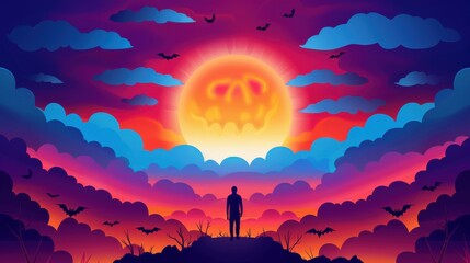 Wall Mural - Halloween Sunset with Bats and Silhouette of a Man