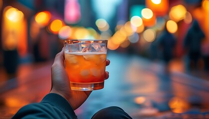 A person is sitting on the street with a drink in his hand. The background is fuzzy and colorful, showing a corner of the city and full of life.