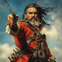 A pirate captain pointing his sword toward the horizon, giving orders, [pirate captain, sword, orders].