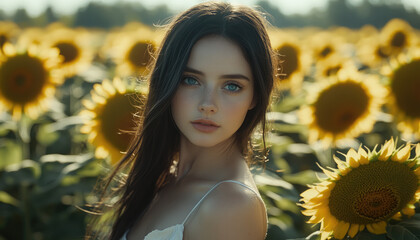 Poster - A beautiful woman with long dark hair and light brown eyes stands in the middle of a sunflower field, looking at the camera and smiling, wearing a white dress. 