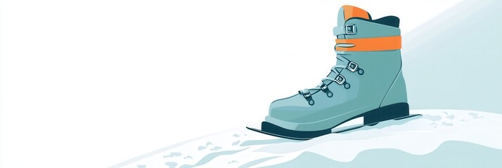 Wall Mural - A sleek ski boot rests on a snowy trail, evoking a sense of adventure for winter sports enthusiasts in a calm environment. Generative AI