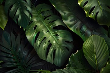 Wall Mural - Creative nature green background, tropical leaf banner or floral jungle pattern concept. Generative AI