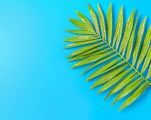 Vibrant green palm leaf on a bright blue background with water droplets, perfect for tropical and nature-themed designs.