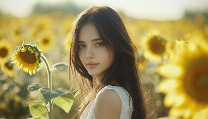 Sticker - A beautiful woman with long dark hair and light brown eyes stands in the middle of a sunflower field, looking at the camera and smiling, wearing a white dress. 