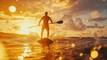 Wall Mural - A man doing paddleboarding in water