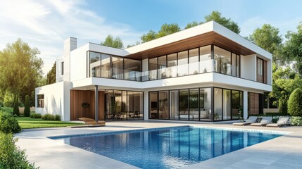 A beautiful house with modern architecture, featuring a swimming pool in front, digitally rendered with realistic computer graphics