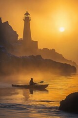 Wall Mural - A kayaker boating in shallow rocky sea with lighthouse in a foggy day