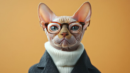 Sphynx cat modeling at a fashion show, animal event, chic and avant-grade 