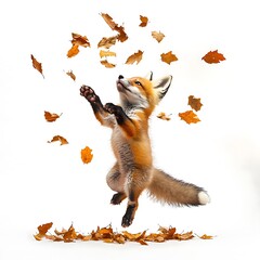 Wall Mural - there is a fox jumping up in the air with leaves flying around