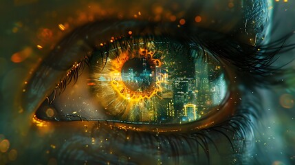 Wall Mural - there is a close up of a persons eye with a city in the background