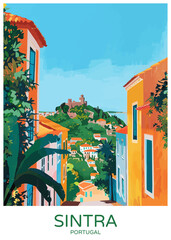 Sintra Portugal Poster Illustration Travel Print Decor Gift Paper Canvas Wall Retro Art