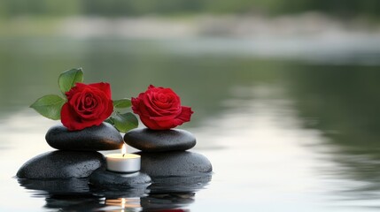 Wall Mural - Soft pink roses and smooth black pebbles surround a lit candle, forming a peaceful spa setting that reflects tranquility in calm water for a romantic ambiance