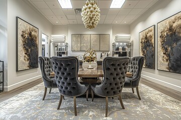 A large room with a chandelier hanging from the ceiling