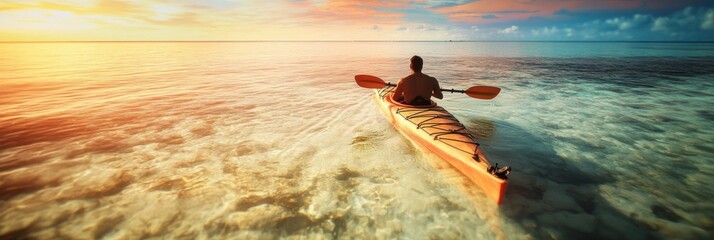 Wall Mural - A person kayaking in clear beautiful tropical sea water at sunset