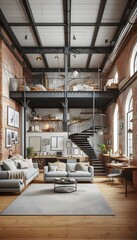 Wall Mural - Interior of a two-story apartment with a metal staircase