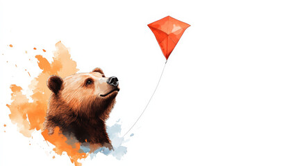 Wall Mural - Bear playing with a kite on a windy day, Watercolor, Dynamic colors, Illustration, Free-spirited and lively 