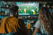 © chutikan - A group of men and women are watching a football game on TV together with glasses of beer in his house.