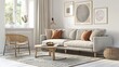 © Art Genie - A cozy living room with a gray sofa a wooden coffee table and a white rug framed by a black and white photo on the wall creating a perfect mix of comfort and modern interior design
